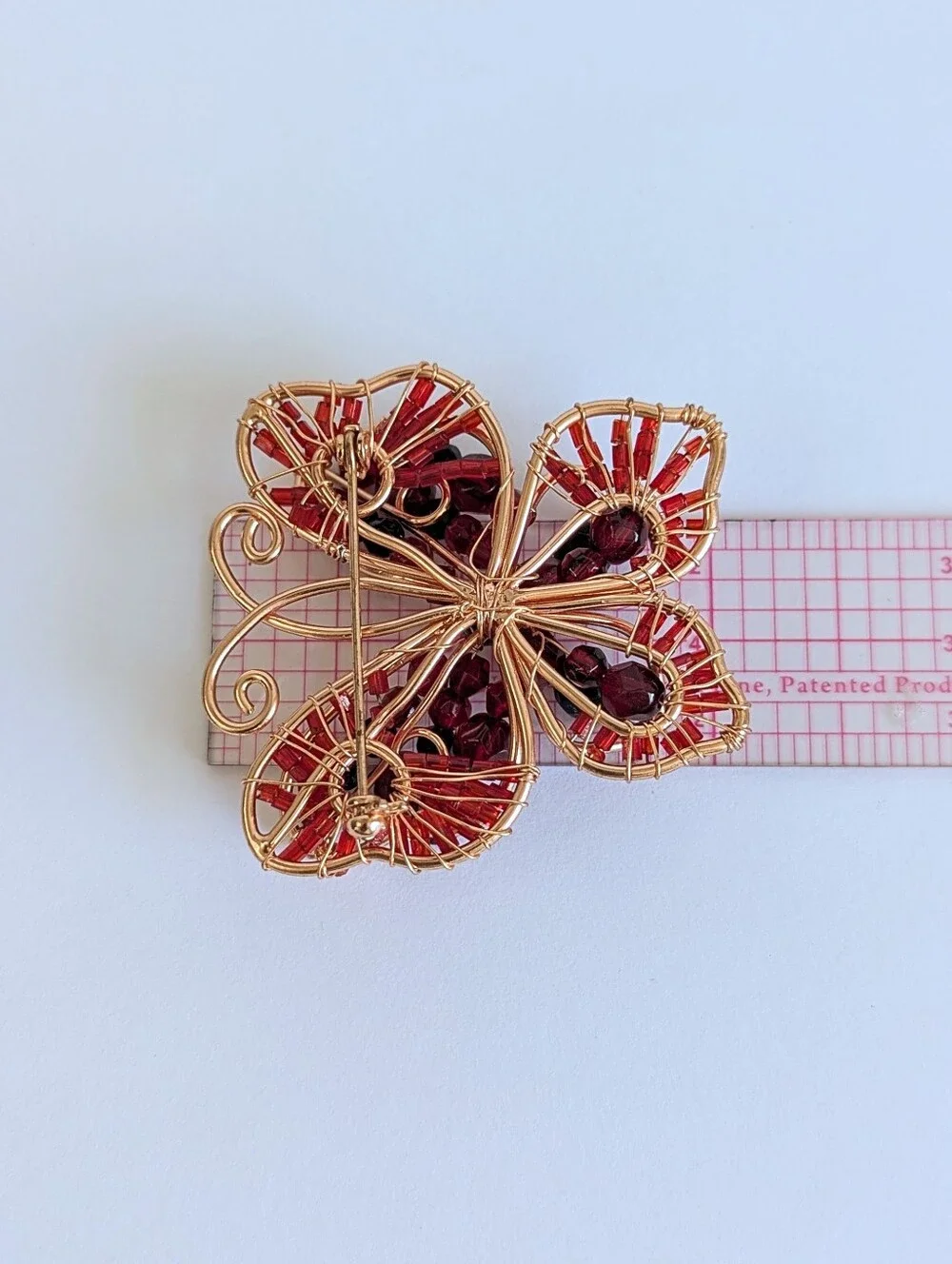 Vintage Wire Wrapped Butterfly Brooch Red Garnet Black Bead Art Glass Boho Pin
